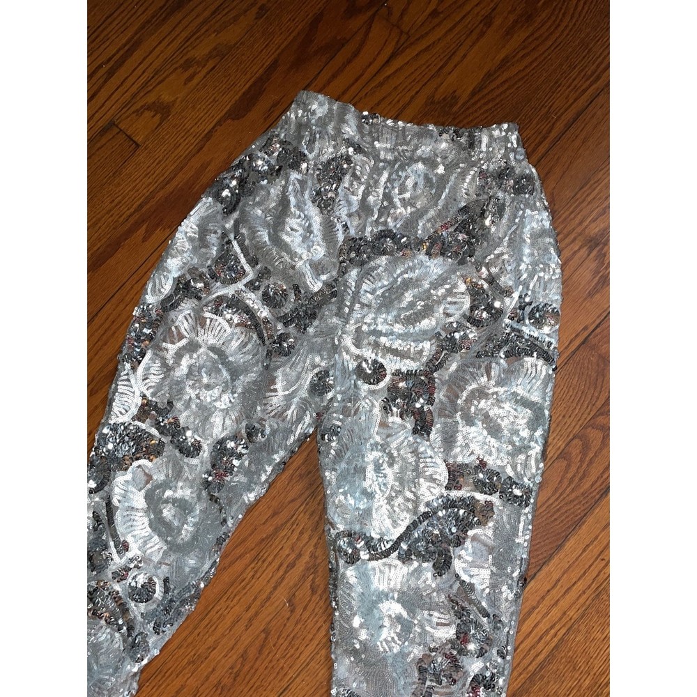 Handmade silver sequined sheer embellished formal evening disco y2k boogie Pants - Picture 8 of 12